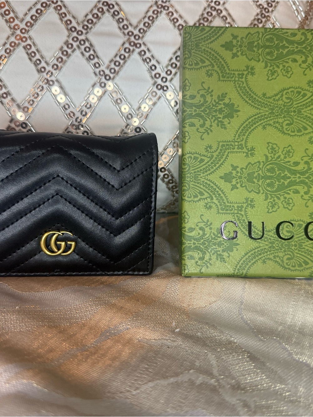 Gucci Black Matelassé Leather Card Case with Gold Double G